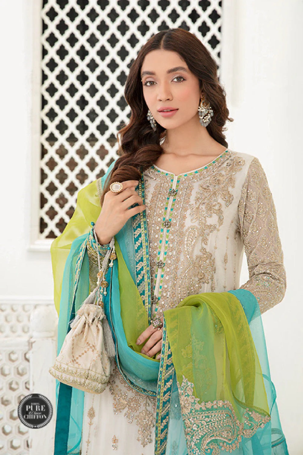 MARIA.B. Chiffon Wedding MPC-21-107- White and Ferozi - Design # 7 - TC-457