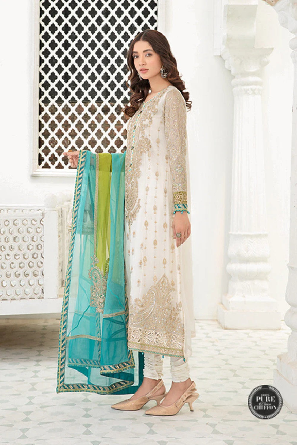 MARIA.B. Chiffon Wedding MPC-21-107- White and Ferozi - Design # 7 - TC-457