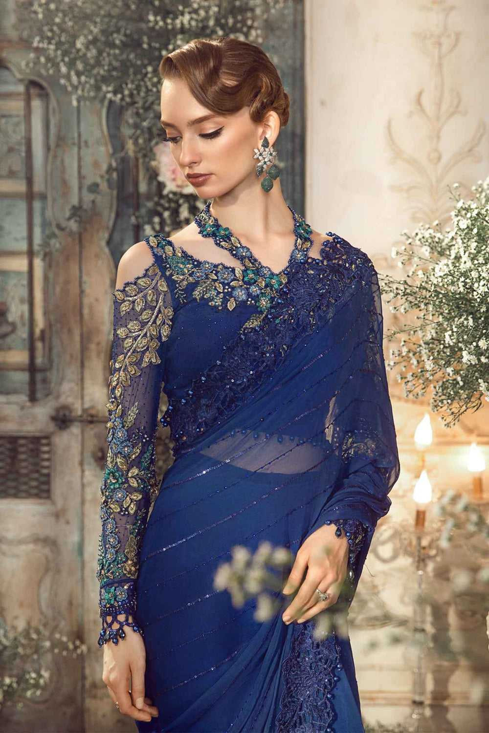 Maria.B. Mbroidered Eid Edition Chiffon Saree - Cobalt Blue BD-2704 - TC-1410