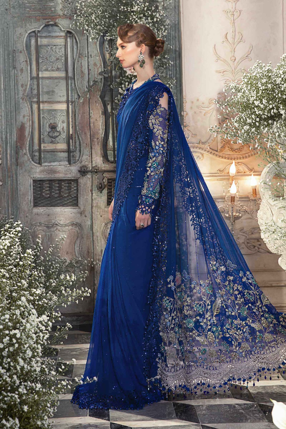 Maria.B. Mbroidered Eid Edition Chiffon Saree - Cobalt Blue BD-2704 - TC-1410