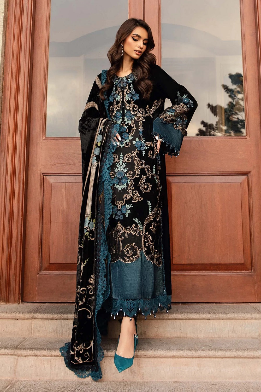 Maria.B. Winter Luxe 3 Piece Unstitched Embroidered Velvet Suit | DL-1208 - TC-1385