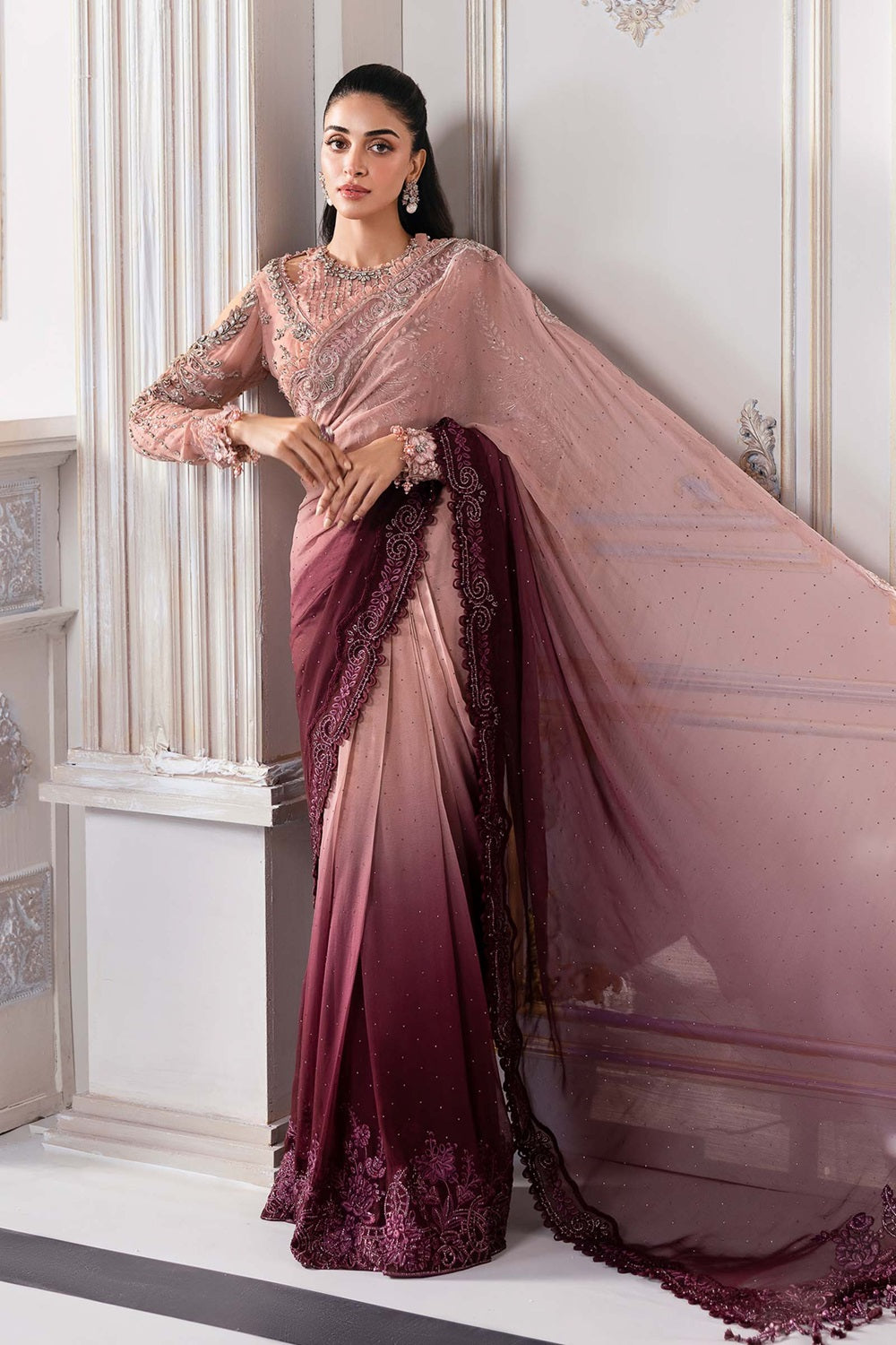 Maria.B. Mbroidered Luxury Wedding Chiffon Saree - BD-3001-Ash Pink Ombre - TC-1458