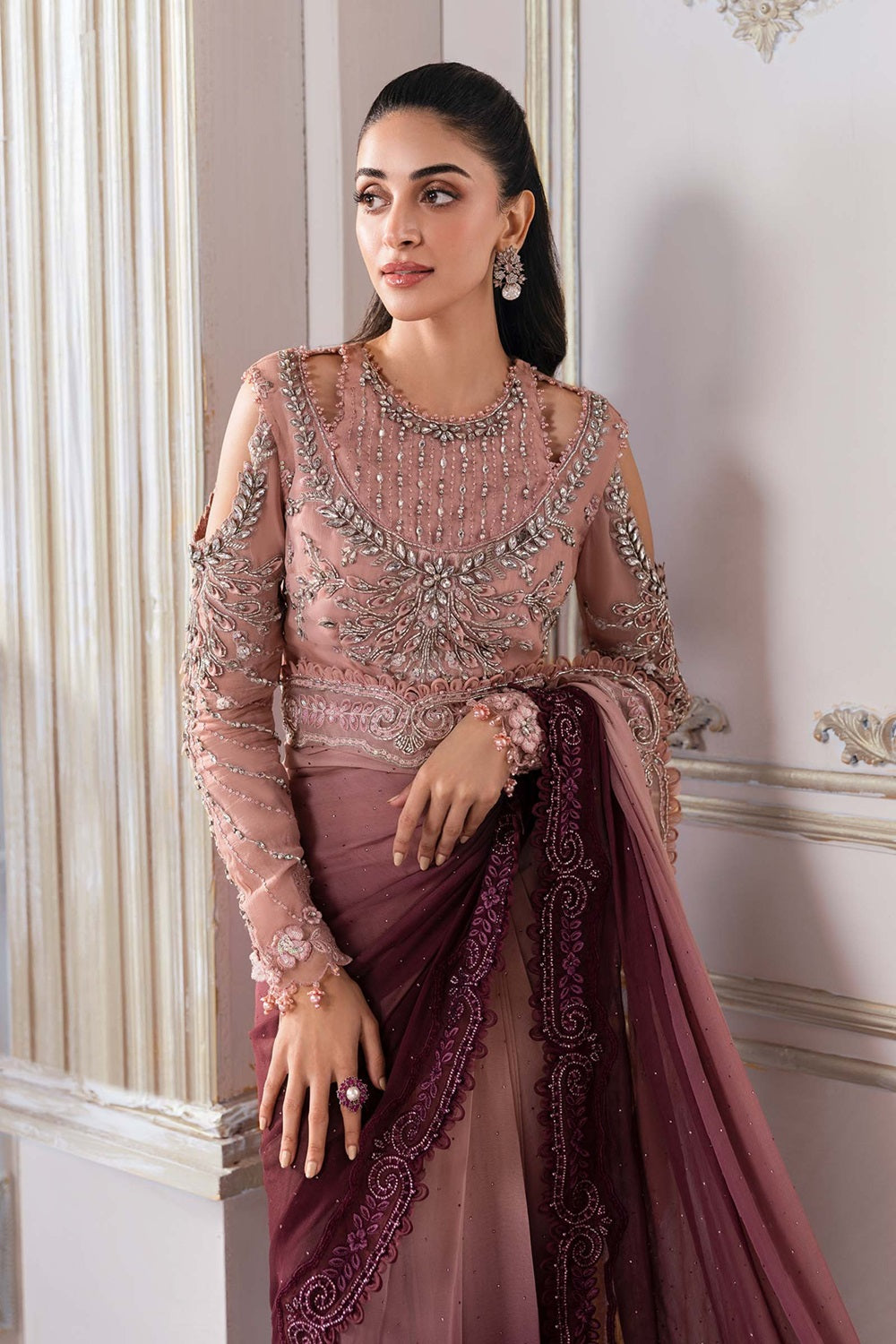 Maria.B. Mbroidered Luxury Wedding Chiffon Saree - BD-3001-Ash Pink Ombre - TC-1458
