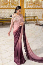 Maria.B. Mbroidered Luxury Wedding Chiffon Saree - BD-3001-Ash Pink Ombre - TC-1458