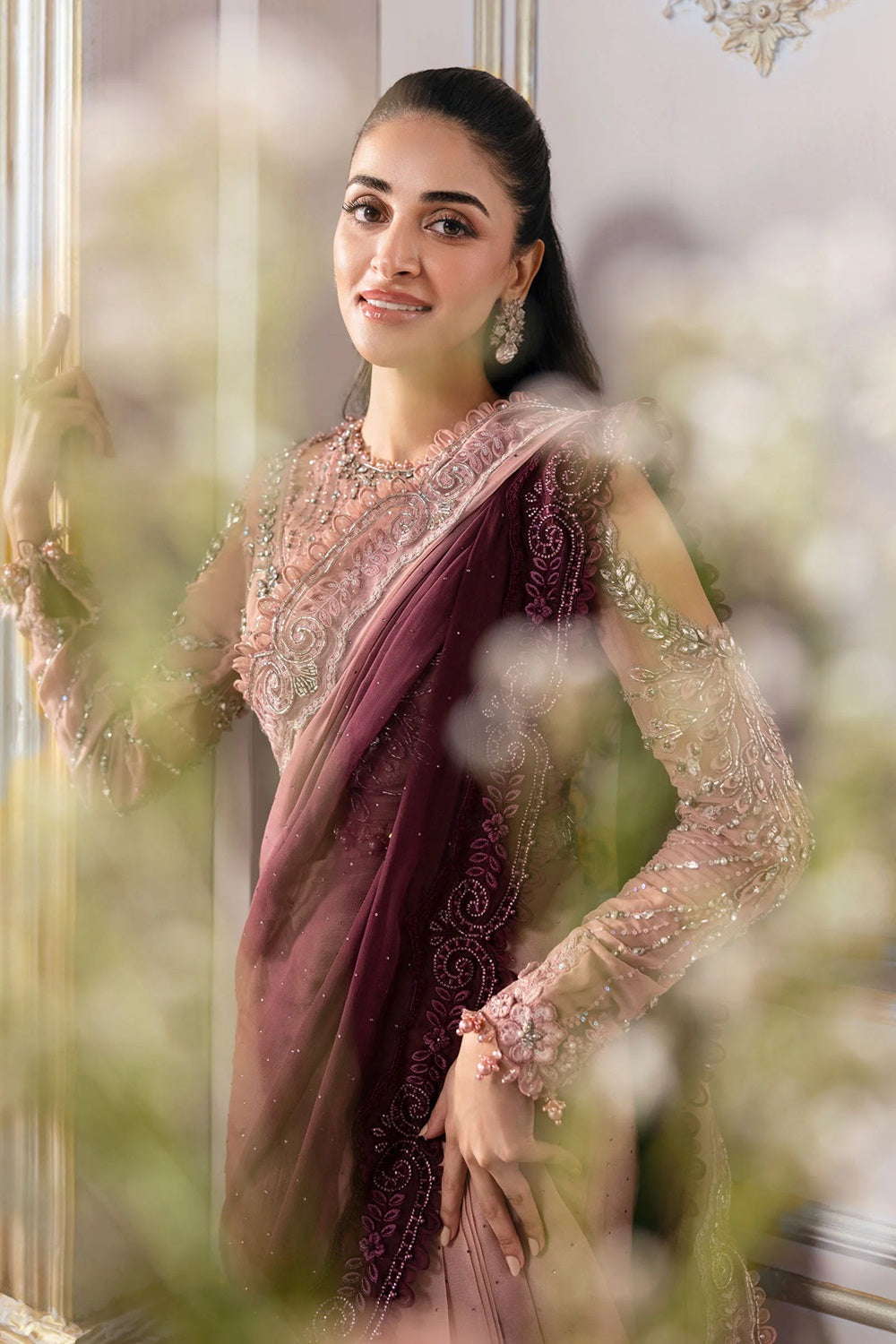 Maria.B. Mbroidered Luxury Wedding Chiffon Saree - BD-3001-Ash Pink Ombre - TC-1458