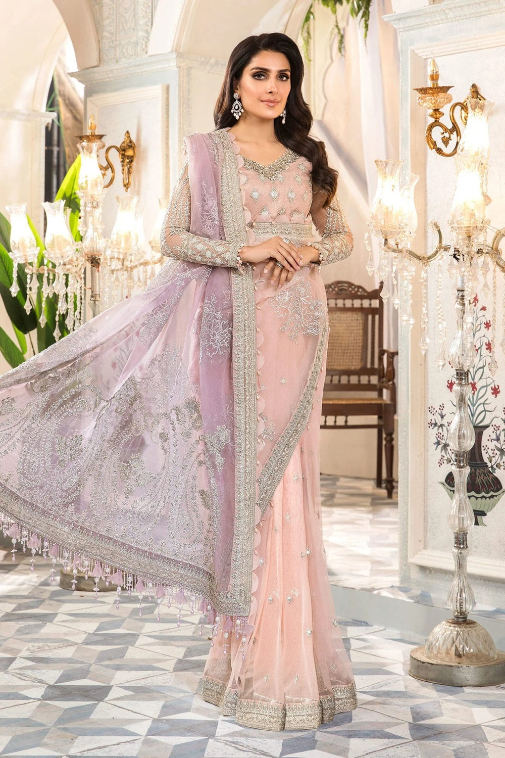 Maria.B Unstitched MBROIDERED - Rose Pink and Lilac (BD-2404) Saree - TC-697