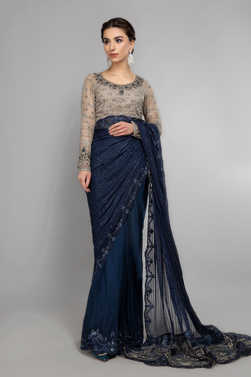 Maria B Wedding Collection 2023 - Saree - Ink Blue and Coffee - BDS-2004 - TC-218