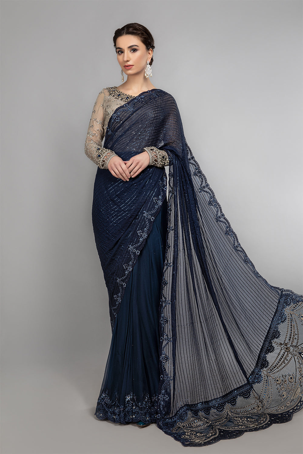 Maria B Wedding Collection 2025 - Saree - Ink Blue and Coffee - BDS-2004 - TC-218